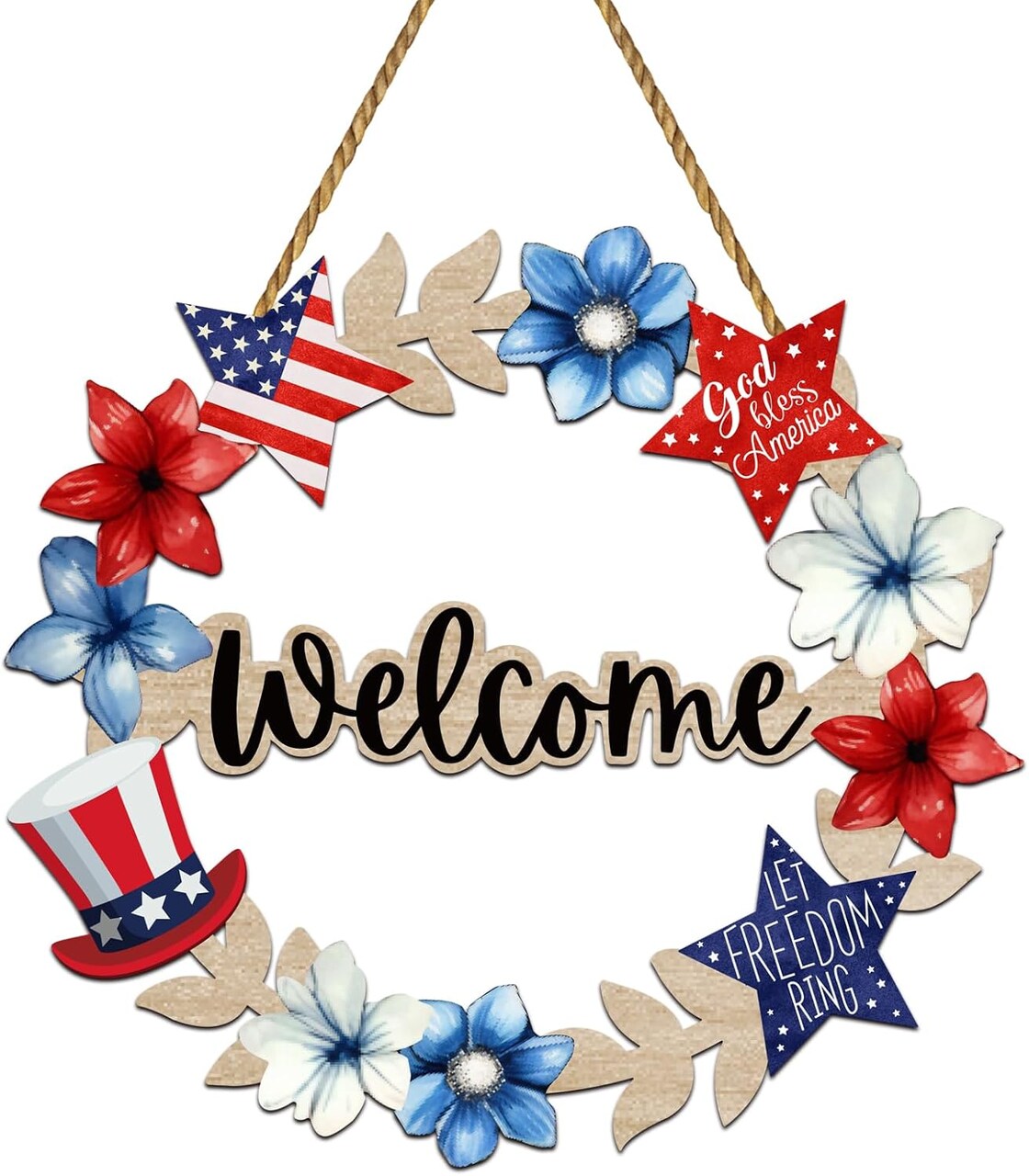 Patriotic Wooden Welcome Wreath, 4th of July Front Door Decor